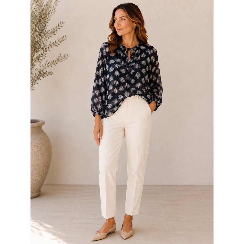 Ann Taylor Navy Ikat Diamond Print Chiffon Tie Neck Blouse Minimalist Boho S